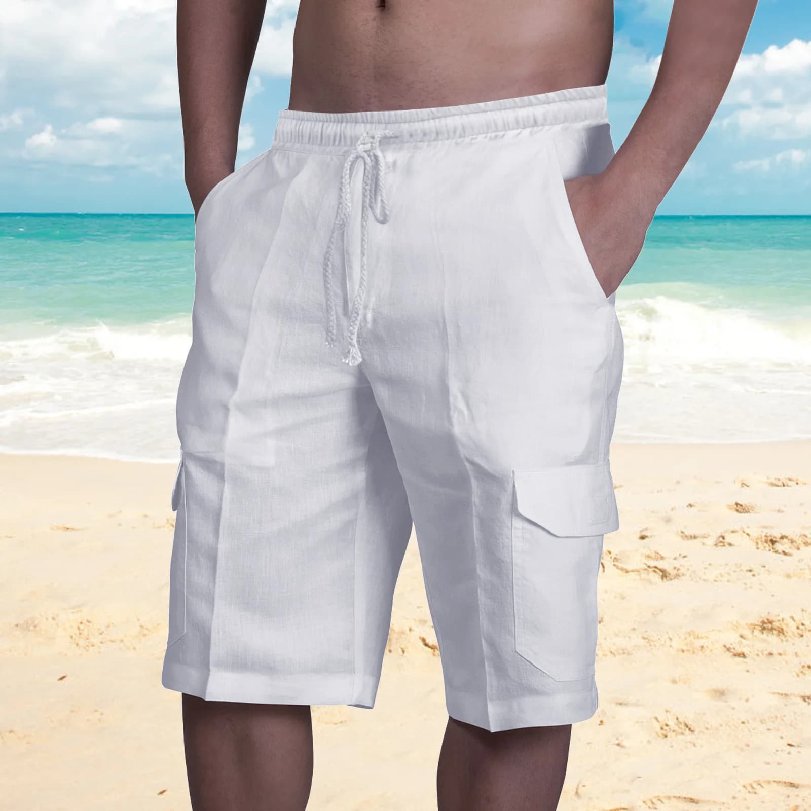 Solid Color Cotton and Linen Cargo Shorts Summer tie with white rope Multiple pockets Men's leisure shorts Fantastic Hawaiian beach pants