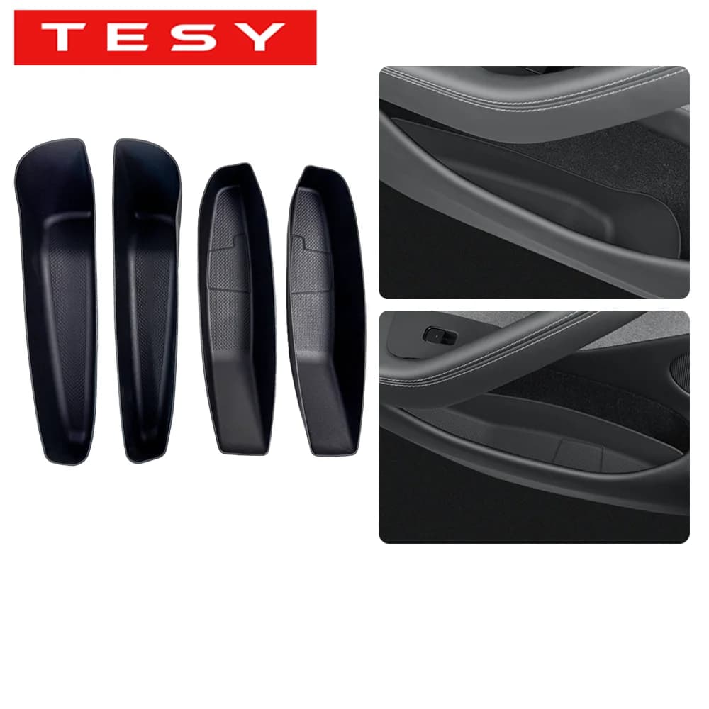 TESY Per Tesla Model YL Y Launch Juniper 2025 - Ultima Versione Scatola Portaoggetti Laterale per Portiera Auto Anteriore e Posteriore in TPE, Vassoio Organizzatore per Porta