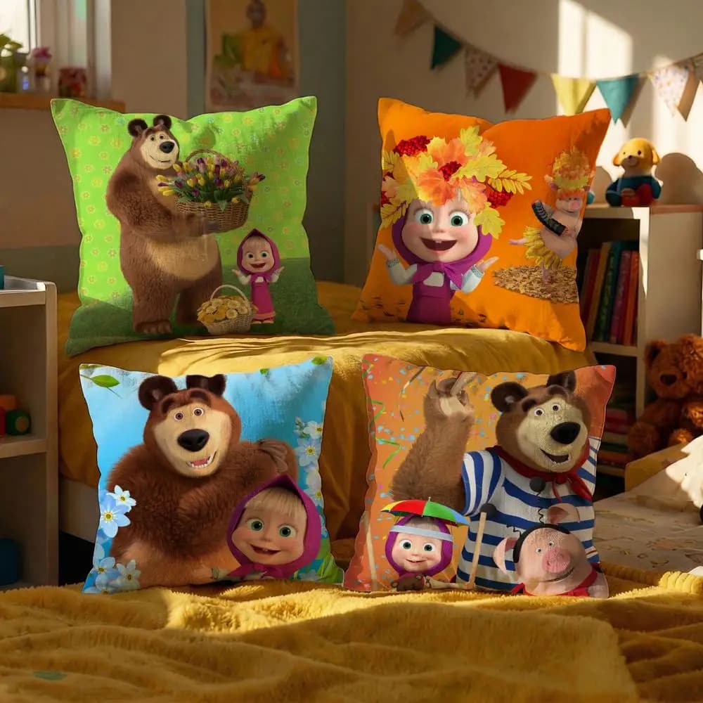 Decorative pillow lining with cartoon characters Masha and Bear, for sofa, 50x50, set of 4 pieces, 45x45, 40x40, pillowcase