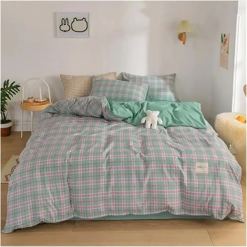Set Copripiumino, Set Biancheria da Letto a Quadri Verde, Lenzuolo Matrimoniale, Copripiumino, Federe, Misura Queen (4,3 pezzi 150x200cm)