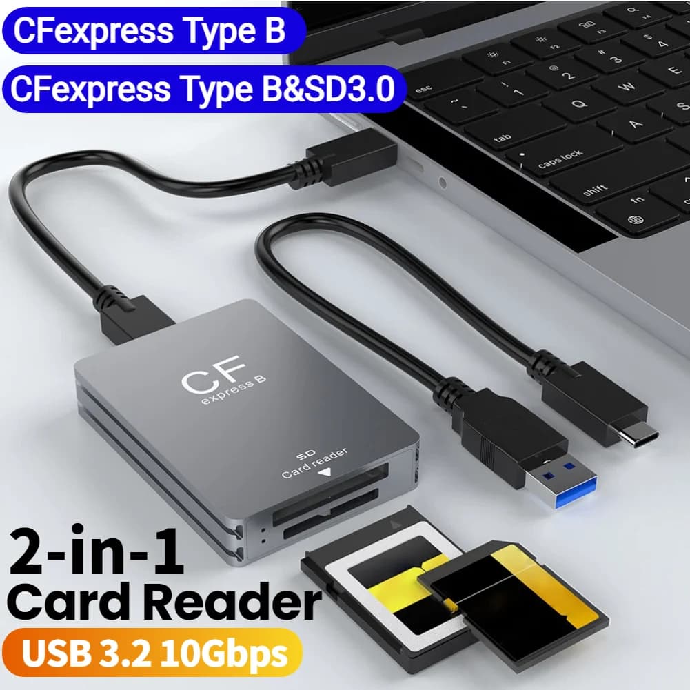 Lettore di schede CFexpress tipo B e SD 2 in 1 Adattatore per schede CFexpress USB 3.2 10 Gbps Supporto doppio slot Android/Windows/OS per SLR