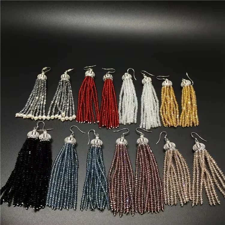 Orecchini pendenti con nappe, perline di cristallo di vetro, nappe, sfere di zirconi, orecchini a gancio