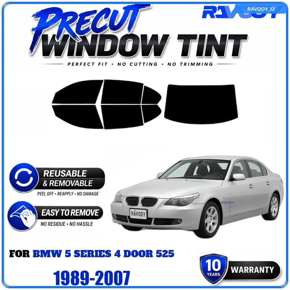 RAVOOY Precut Window Tint, Reusable Removable EPU Film, Custom Fit for Bmw 5 Series 4 Door 525 1989-2007, UV Heat Protection