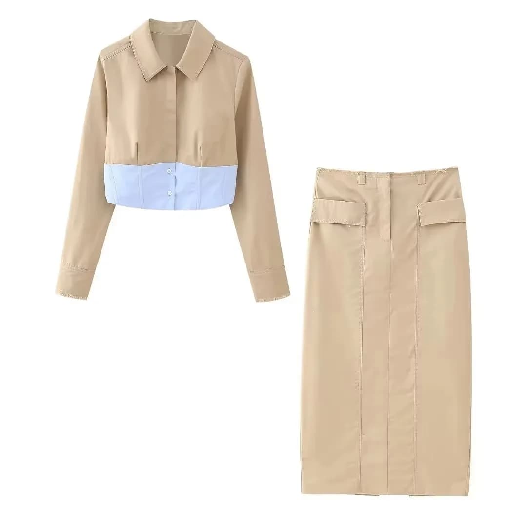 HH Set di gonne kaki moda donna Camicetta patchwork Camicia corta con bottoni a maniche lunghe + Gonne longuette sottili con tasca frontale