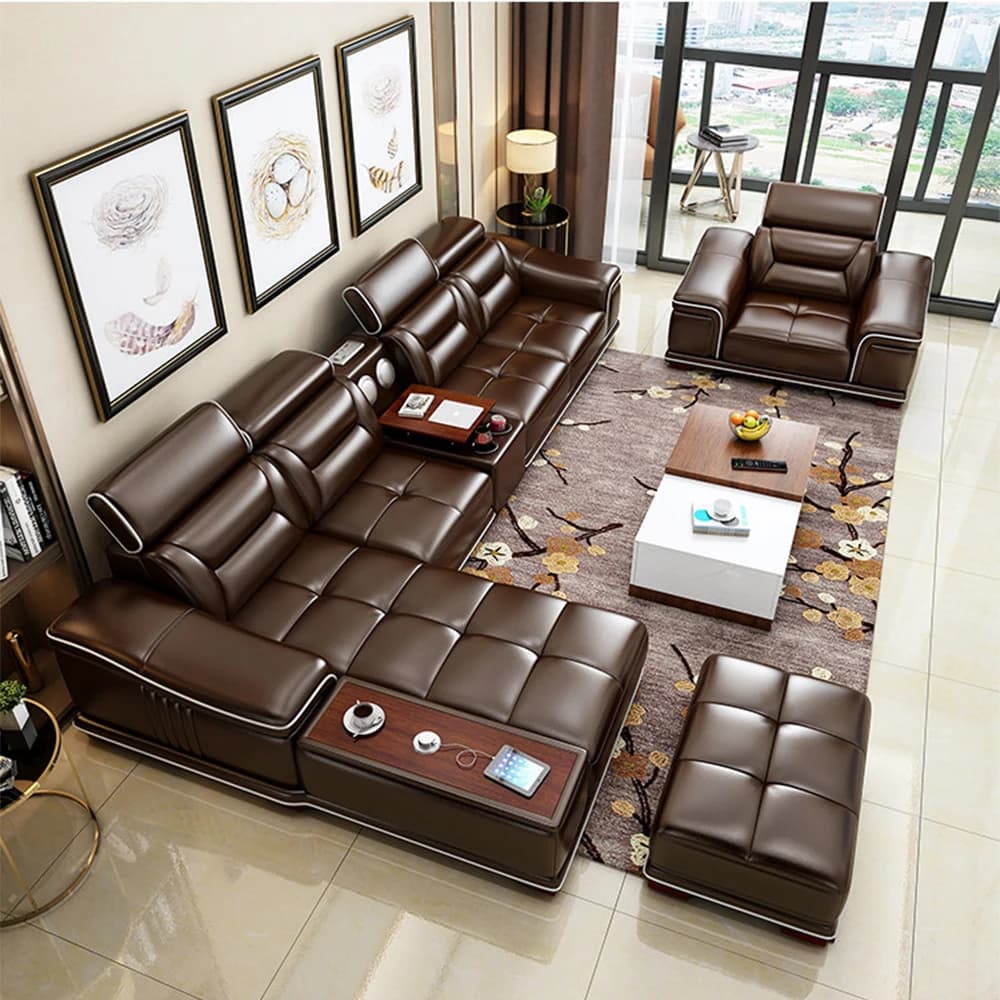 Divano Sezionale Moderno a L in Vera Pelle con Chaise Longue, Poggiatesta Regolabili, USB, Altoparlante Bluetooth e Portabicchieri