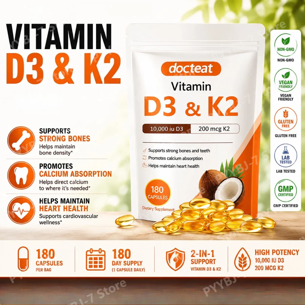 Capsule di Vitamina D3 K2 con Olio di Cocco, Formula 2-in-1 per il Benessere Quotidiano, Integratore Facile da Deglutire per Adulti, Supporto per la Salute delle Ossa