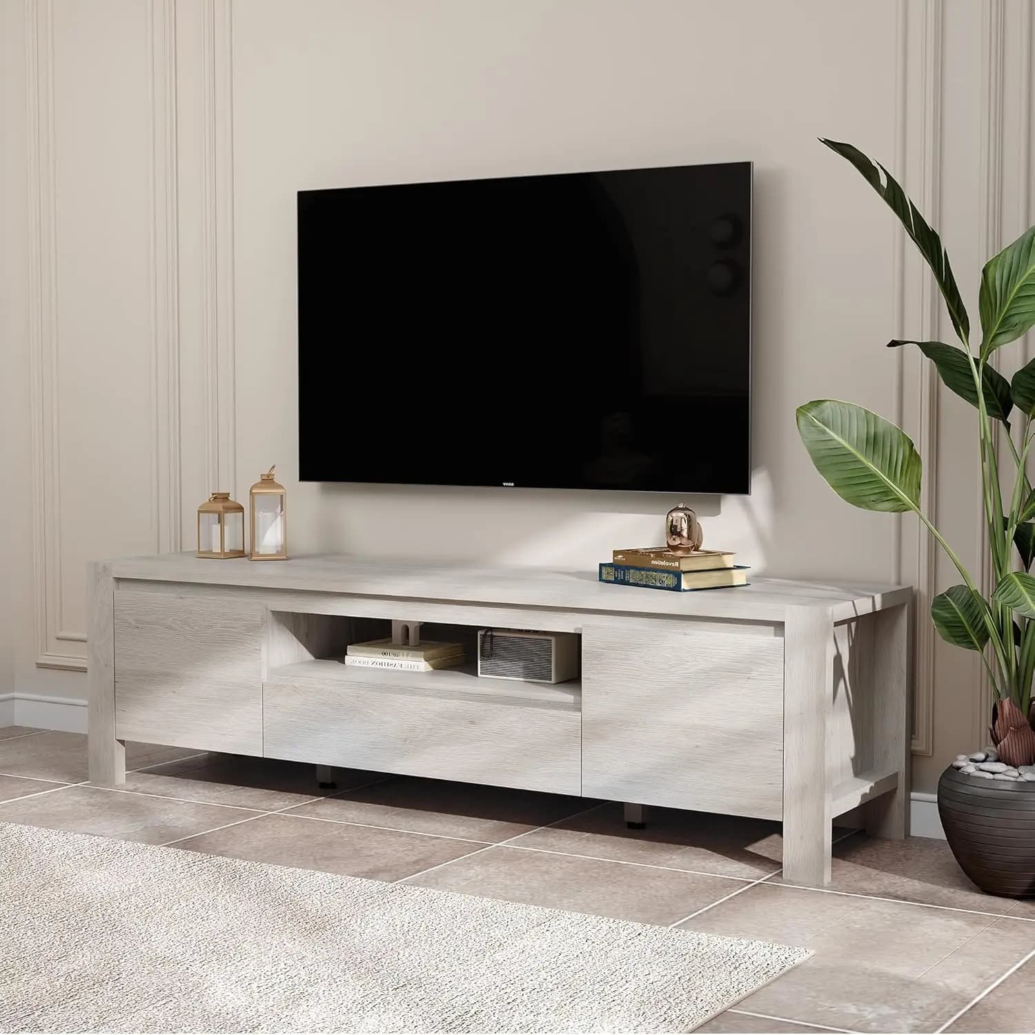 Mobile TV con Ante, Ripiani Regolabili e Gestione Cavi, per Soggiorno e Camera da Letto, Grigio, Personalizzabile