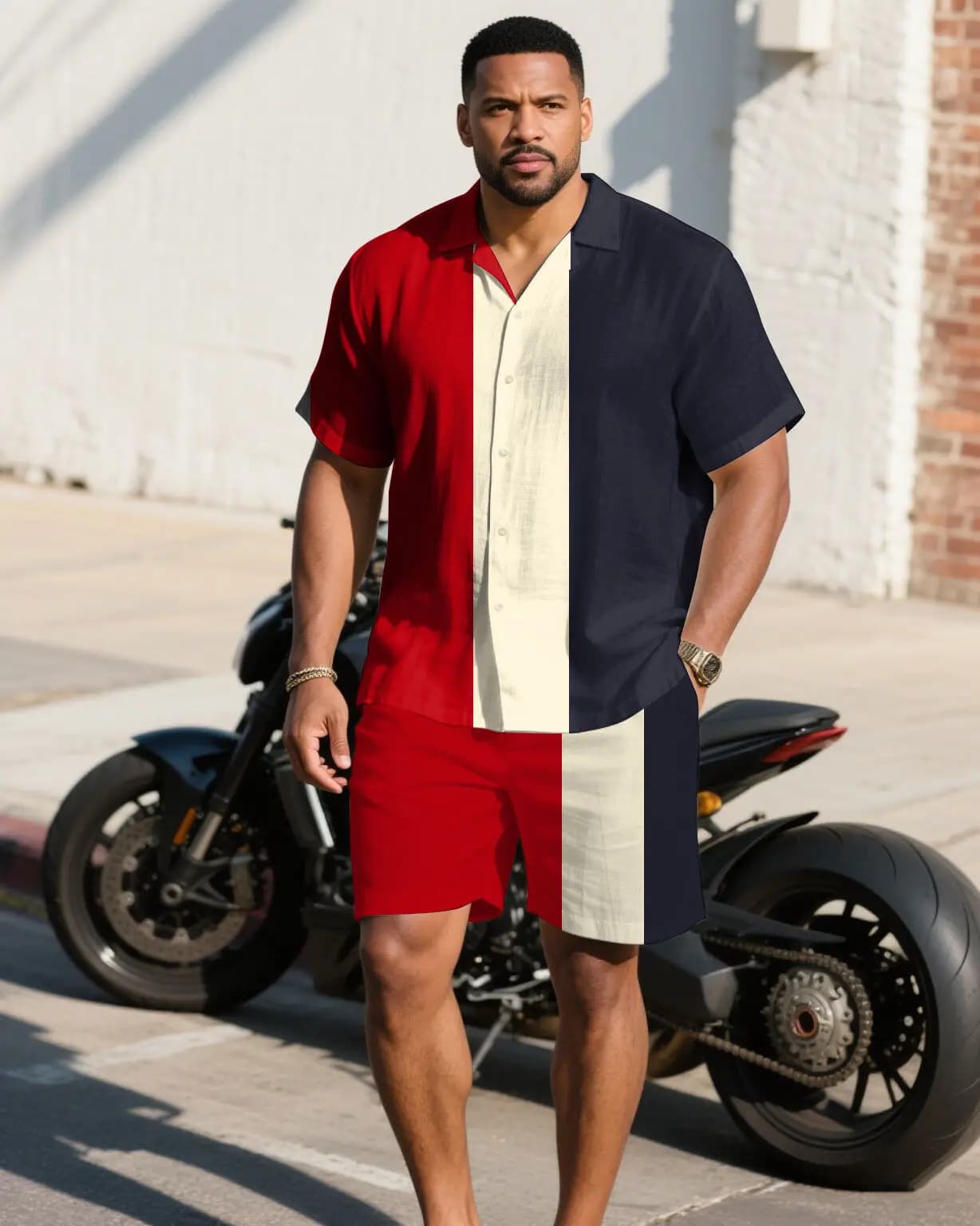 S-9XL Big and Tall Men Modern Color Block Print Shirt Shorts Set Multi-Color Casual 2-Piece Outfit
