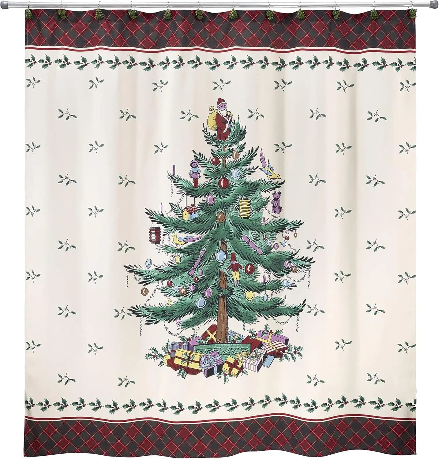 Tenda da doccia festosa in tartan con albero di Natale da 72 pollici - Decorazione per il bagno natalizio, poliestere impermeabile, facile da pulire