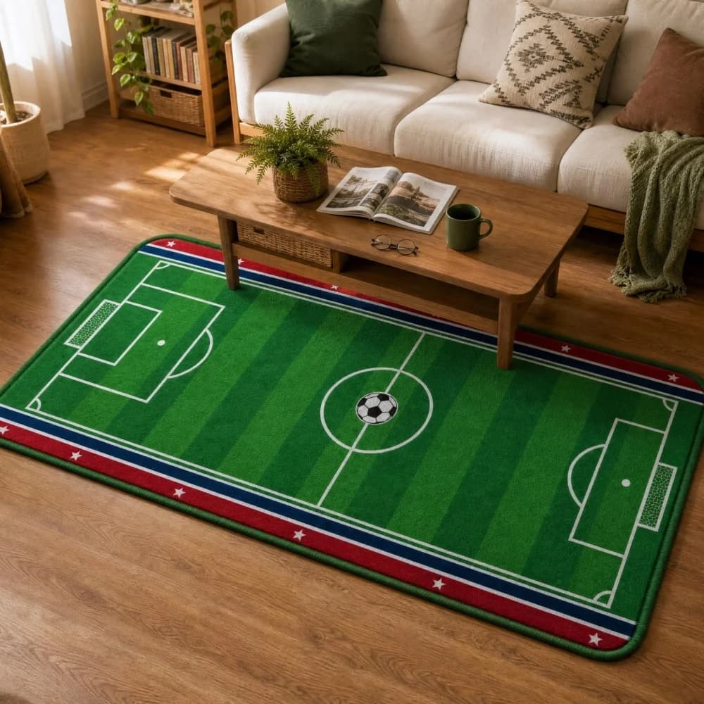 Soccer Field Print Flannel Runner Rug, Sports Theme Non-Slip Floor Mat, Kids Boys Bedroom Playroom Living Room Decor Carpet