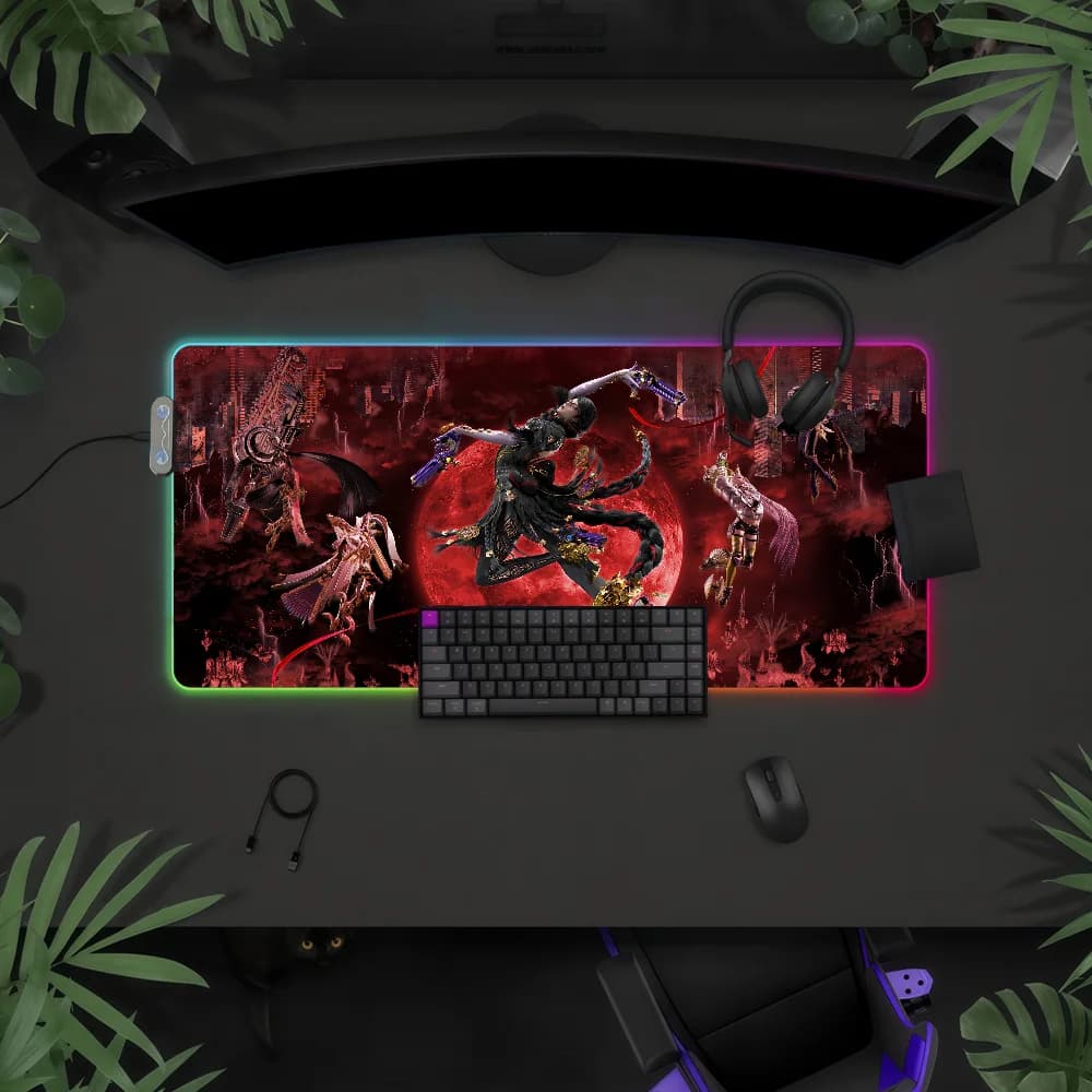 Tappetino per mouse Game Bayonetta 3 con luce LED RGB, tastiera da gioco colorata, copertura antiscivolo, superficie impermeabile