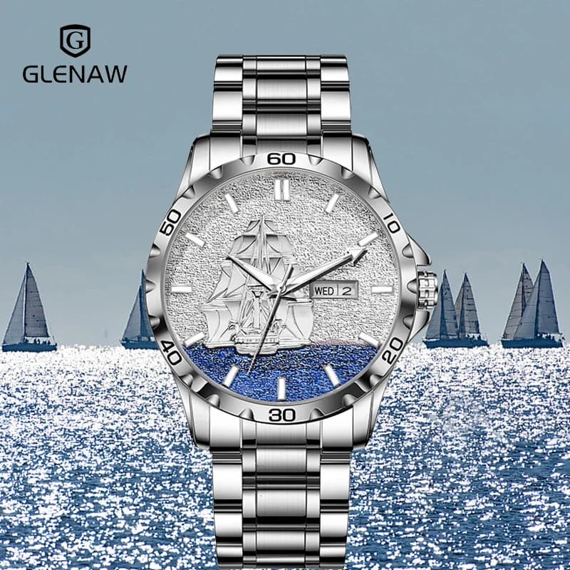 GLENAW Three Dimensional Sailing Dial Design Luxury Automatic Mechanical Watches Luminous Waterproof Stainless Steel Strap Watch