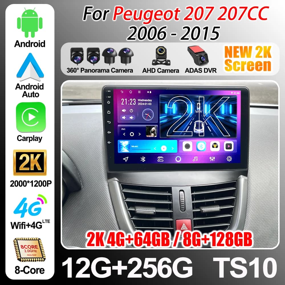 Autoradio Android 16 per Peugeot 207 207cc 2006-2015, Lettore Multimediale Video Stereo 2 Din con Android Auto, Bluetooth e Wi-Fi