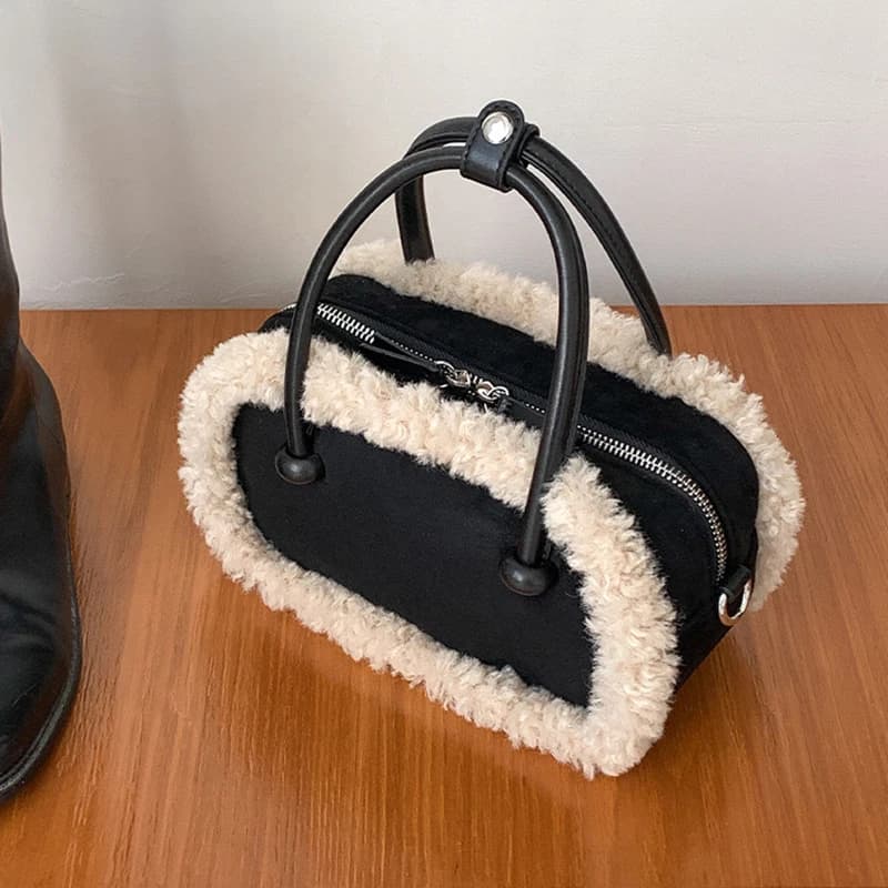Women's autumn and winter new suede handbag retro plush splicing crossbody shoulder bag retro soft handle zipper pillowcase