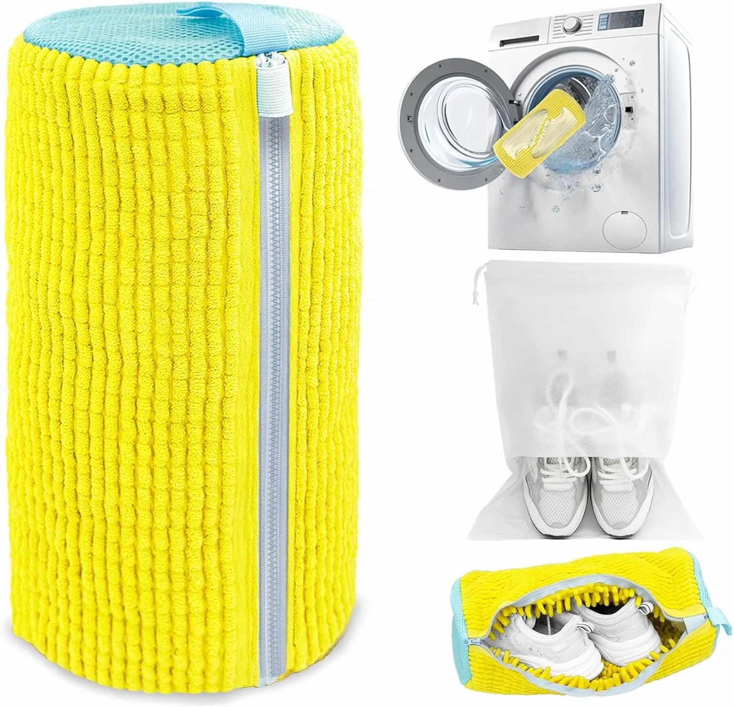 1pc Durable Shoe Washing Machine Bag for All Shoe Types - Yellow with Blue Zipper, Oval Protective Laundry Bag with Rich Fluff I