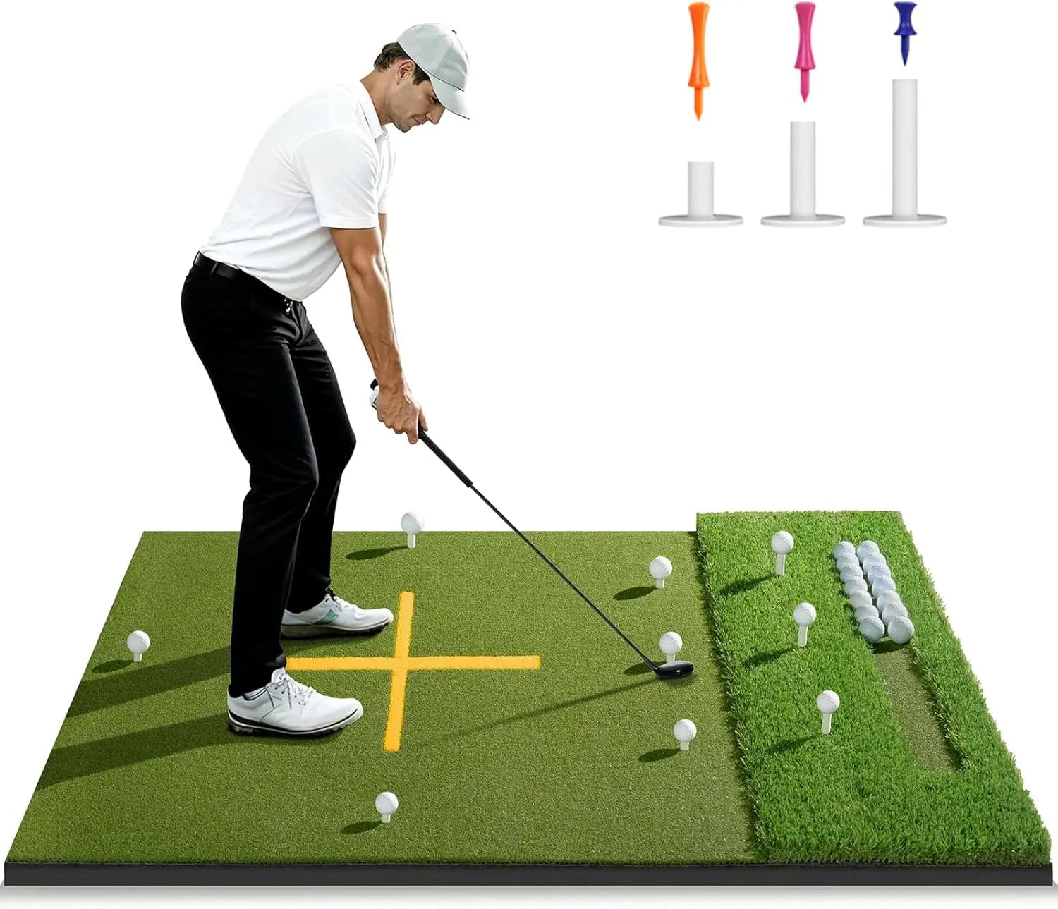 Tappetino da Golf Dual-Turf 5.2x4ft e 6x4ft con Vassoio Porta Palline, Tappetino da Battuta Ispessito, 9 Buche, Ausilio per l'Allineamento per la Pratica