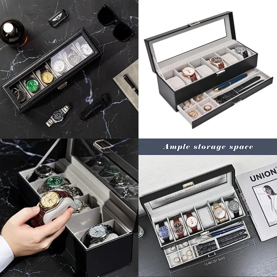 Scatola Porta Orologi, Espositore per 6 Orologi con Cassetto, Custodia per Orologi da Uomo con Coperchio in Vetro, Organizzatore Porta Gioielli da Uomo a 2 Livelli