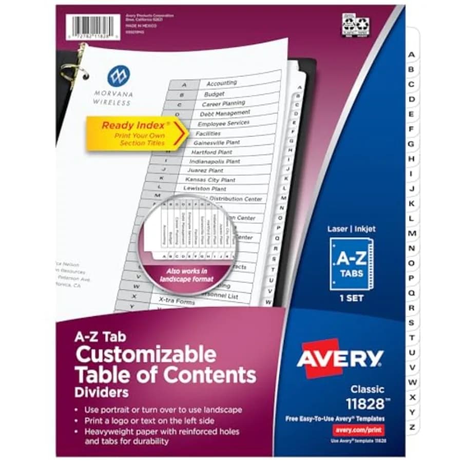 A-Z 26 Tab Dividers for 3 Ring Binders, Customizable Table of Contents, Classic White Tabs, 1 Set 11828