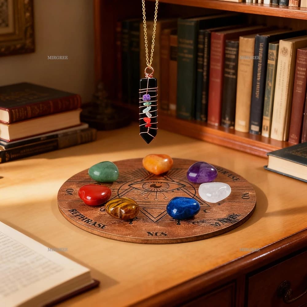 Disco da divinazione in legno da 9 pezzi con 7 cristalli e pendolo Chakra, adatto per strumenti di creazione di decisioni spirituali nella stregoneria