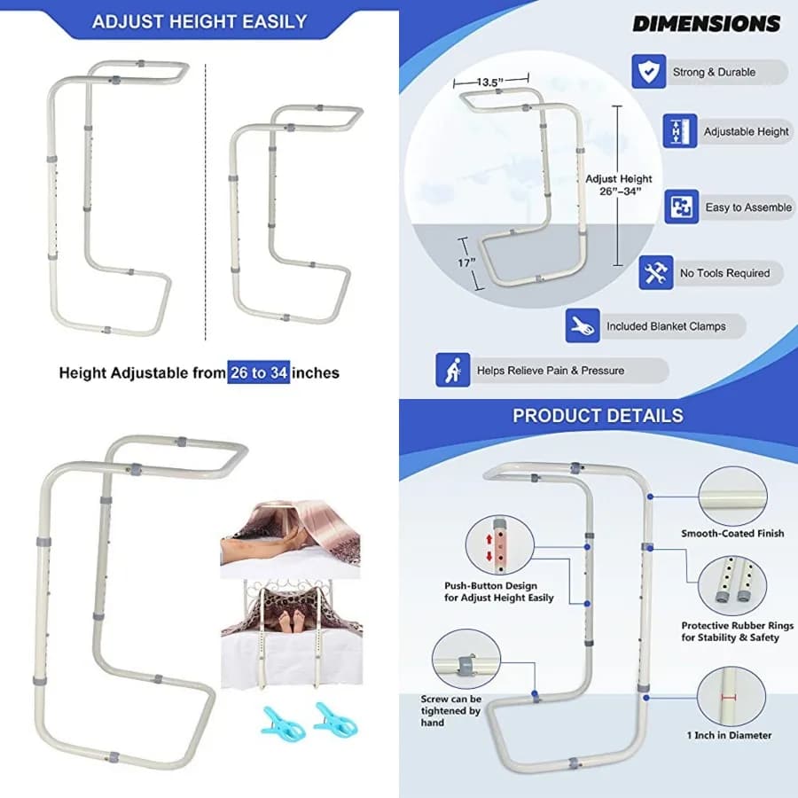 Sollevatore per Coperte e Lenzuola, Supporto Regolabile per Tenda da Letto 26-34'' - Dispositivo di Assistenza per Letto H