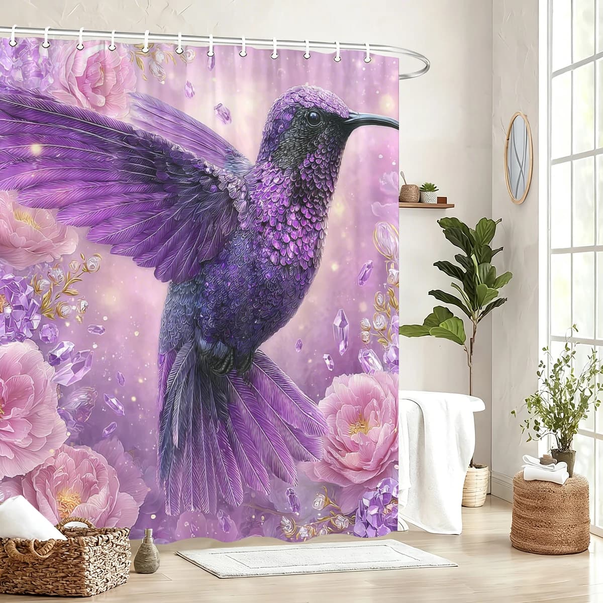 Tenda da Doccia in Poliestere con Motivo Vibrante di Uccelli e Farfalle - Decorazione Artistica per il Bagno, Divisorio Stilizzato per Vasca da Bagno