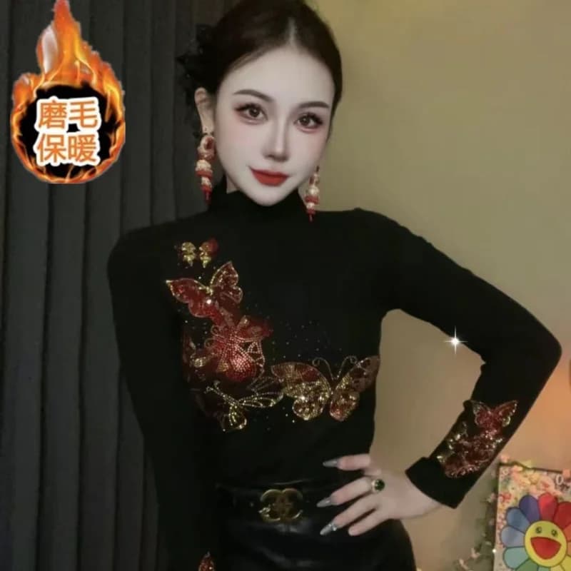 Autumn and Winter Fashion Hot Rhinestone Bottoming Women's New Half Turtleneck Top Versatile Slimming Long-sleeved T-shirt