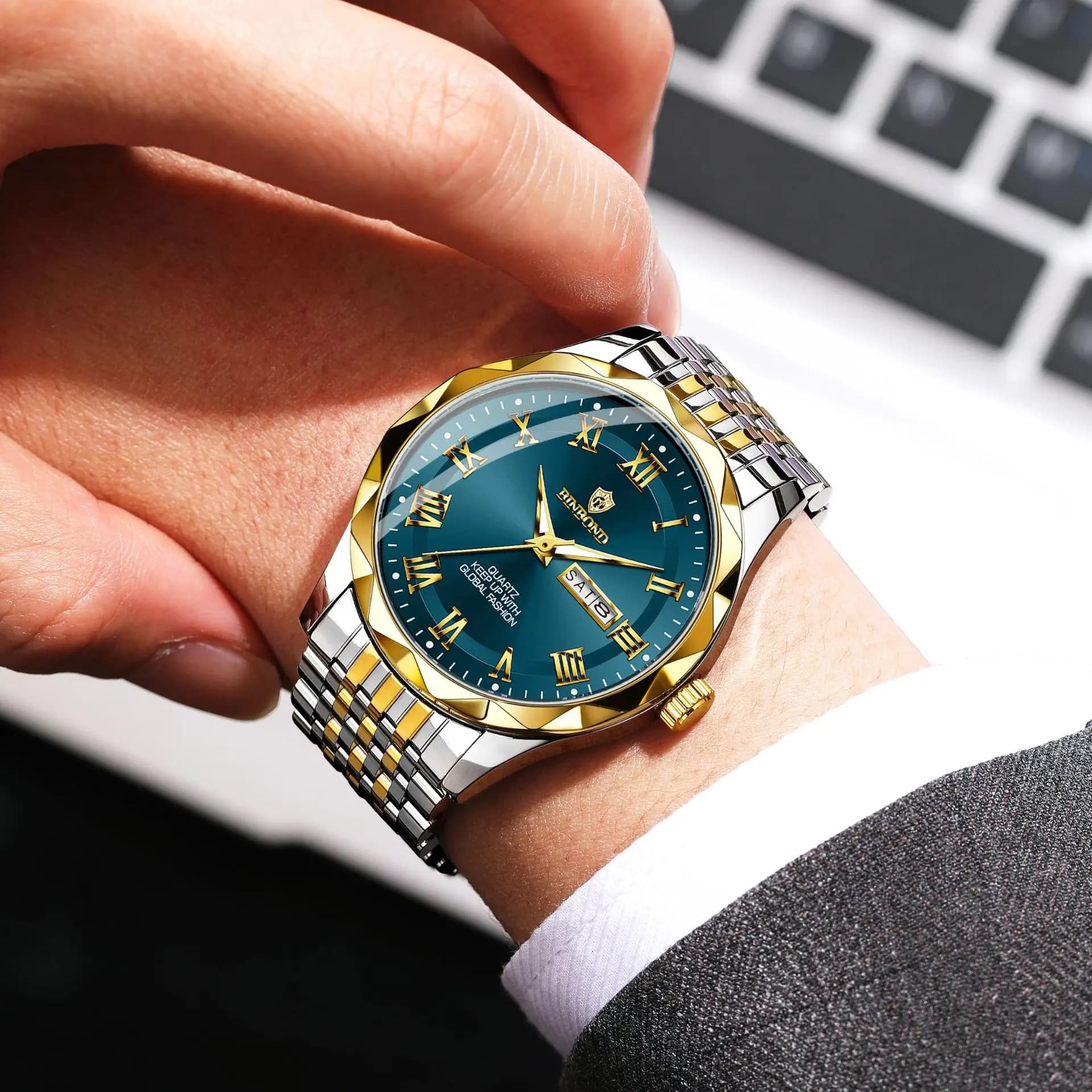 Orologio da uomo di lusso leggero, di alta gamma, con doppio calendario, impermeabile, con cinturino in acciaio, orologio al quarzo alla moda da uomo, idea regalo