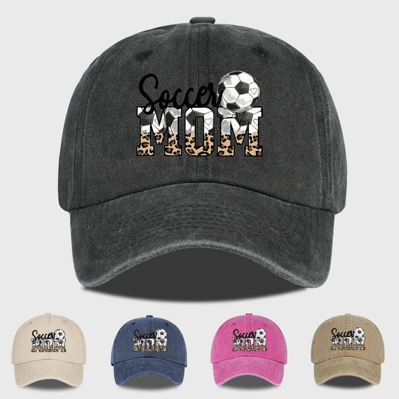 Leopard Print Soccer Mom Washed Baseball Cap Adjustable Unisex Soccer Game Day Hat For Moms