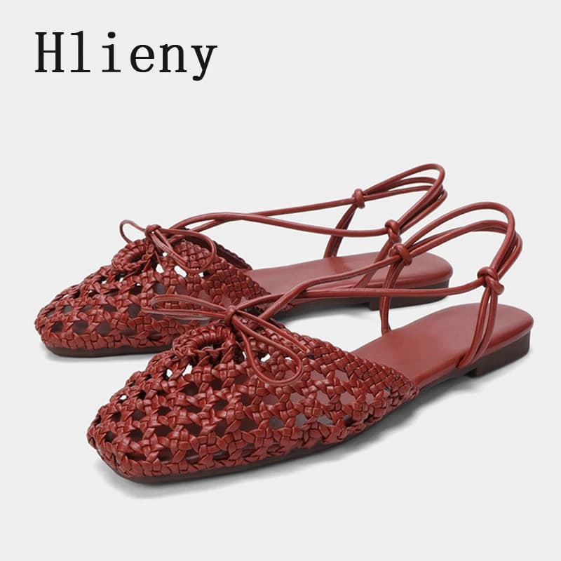 Hlieny BowKnot Mesh Hollow Out Scarpe estive da donna con punta quadrata, traspiranti, slip-on, comode, per il tempo libero, per le vacanze, sandali piatti da spiaggia