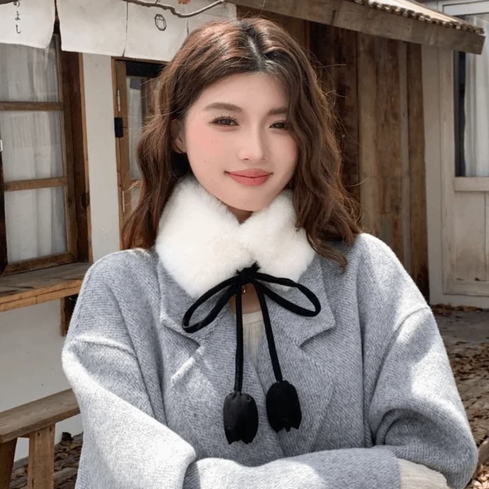 Fashion Sweet Rabbit Fur Earmuffs Headband Tulip Flower Tether Warm Scarf Neckerchief Solid Color Fur Neck Warmer Daily Use