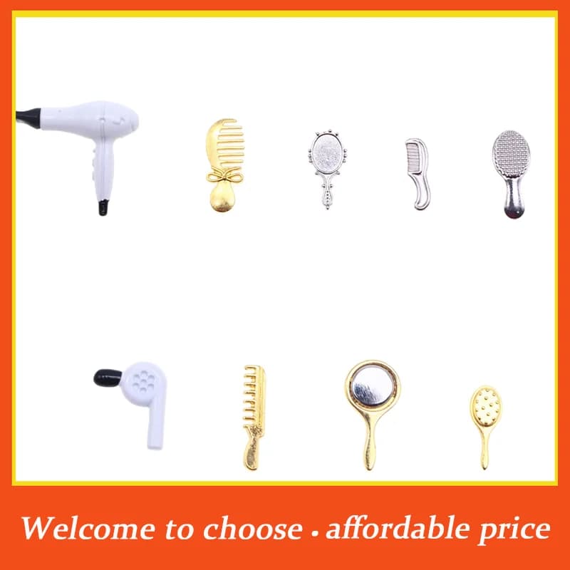 Set di Accessori per Casa delle Bambole in Miniatura 1:12: Pettine, Specchio e Asciugacapelli Simulati