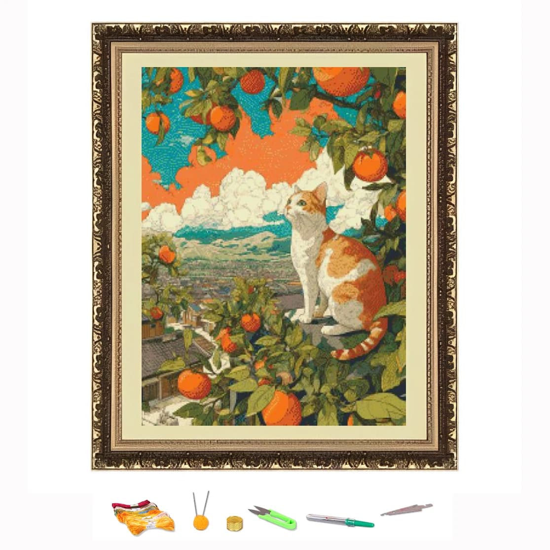 Ricamo a punto croce Gatto sotto l'albero arancione Disegno a filo Kit di cucito fai-da-te Decora stampato su Canva 11CT