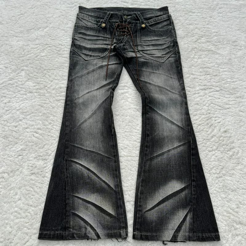 Y2K Distressed Flare Jeans Gothic Men Double Waist Lace Up Denim Pants Retro Washed Scratches Streetwear Unisex Bootcut Jeans