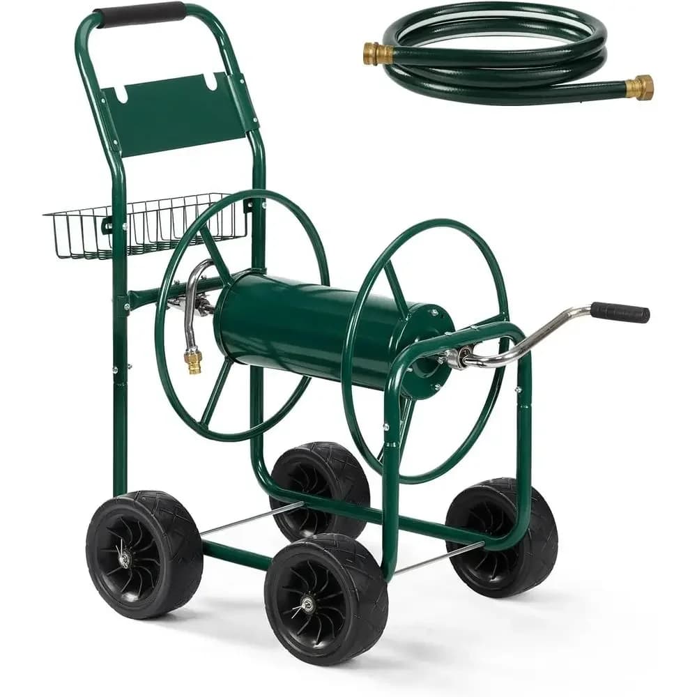 Heavy-Duty Outdoor Garden Hose Cart with 4 Wheels and Storage Basket for 300ft 5/8 Hose (Green)