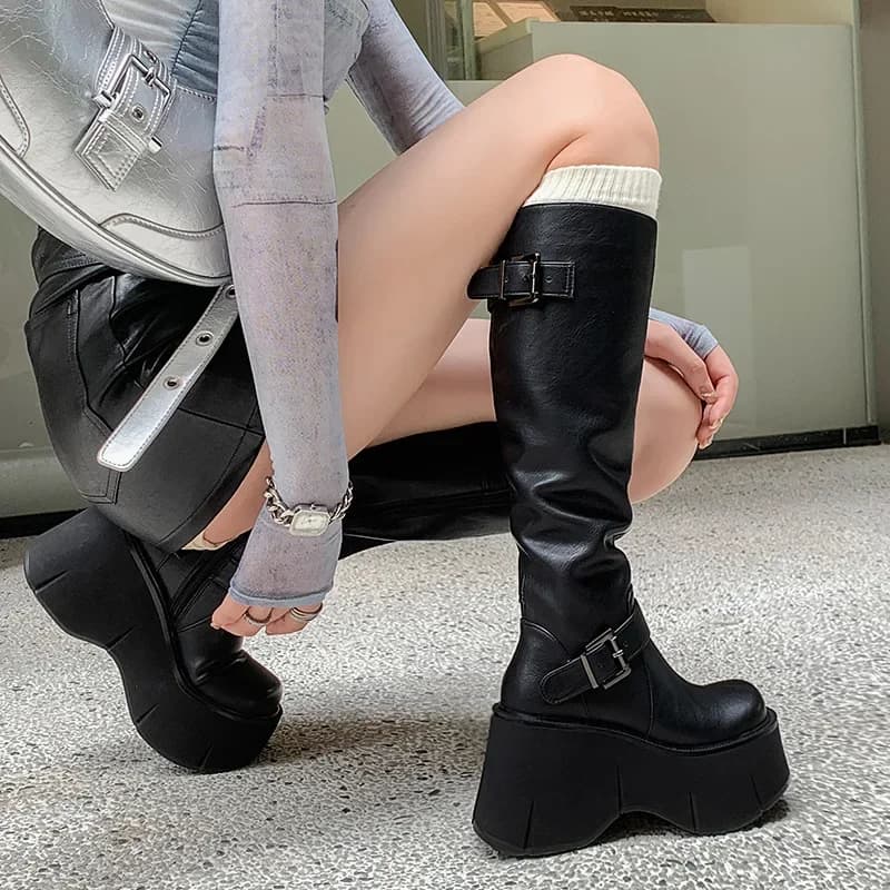 Women's Shoes Basic Women's Boots Classic Knee Boots Women's Belt Buckle Side Zip Round Toe Shoes with Wedge Women's Shoes