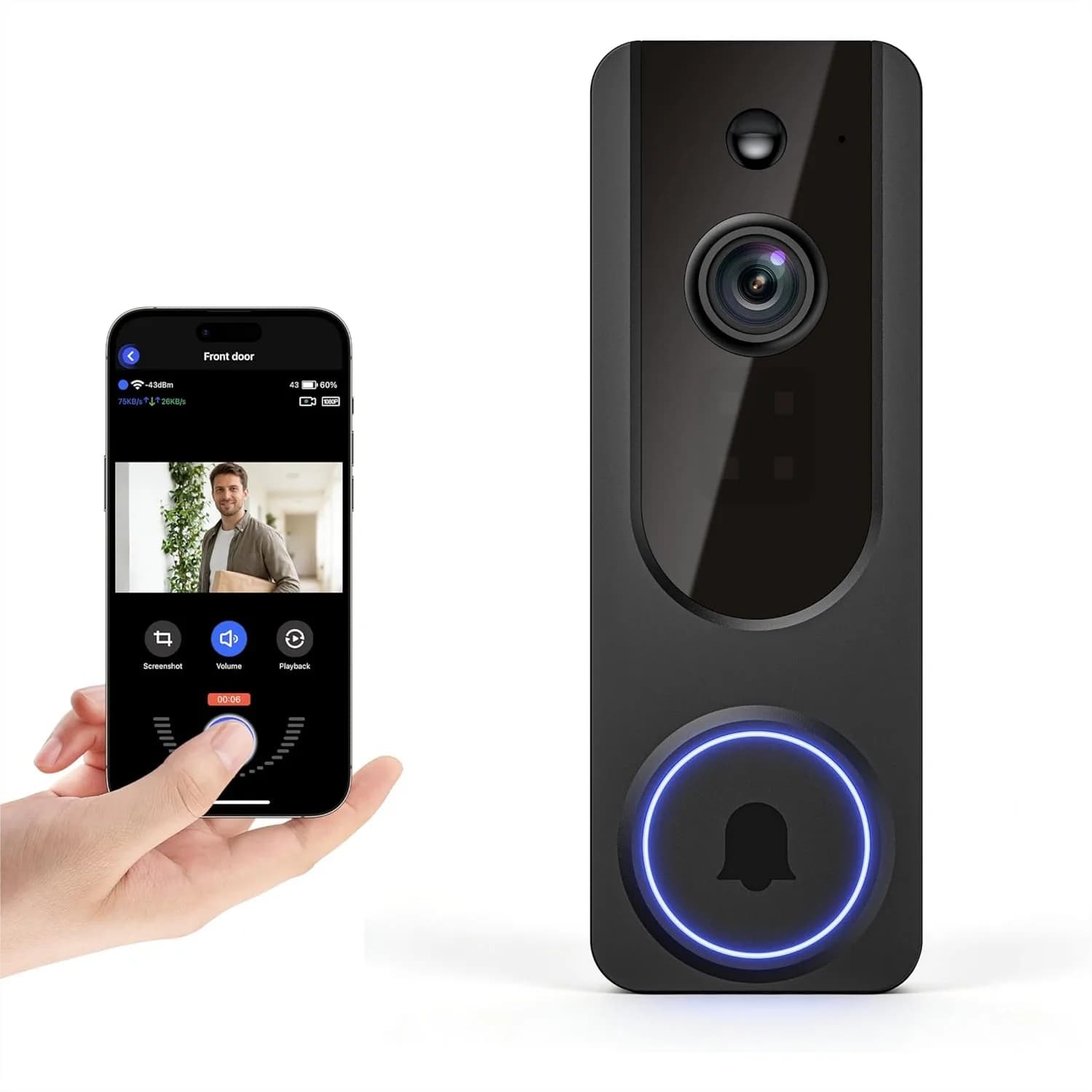 Campanello con Videocamera Wi-Fi 1080P, Rilevamento AI delle Persone e Visione Notturna per Sicurezza Domestica