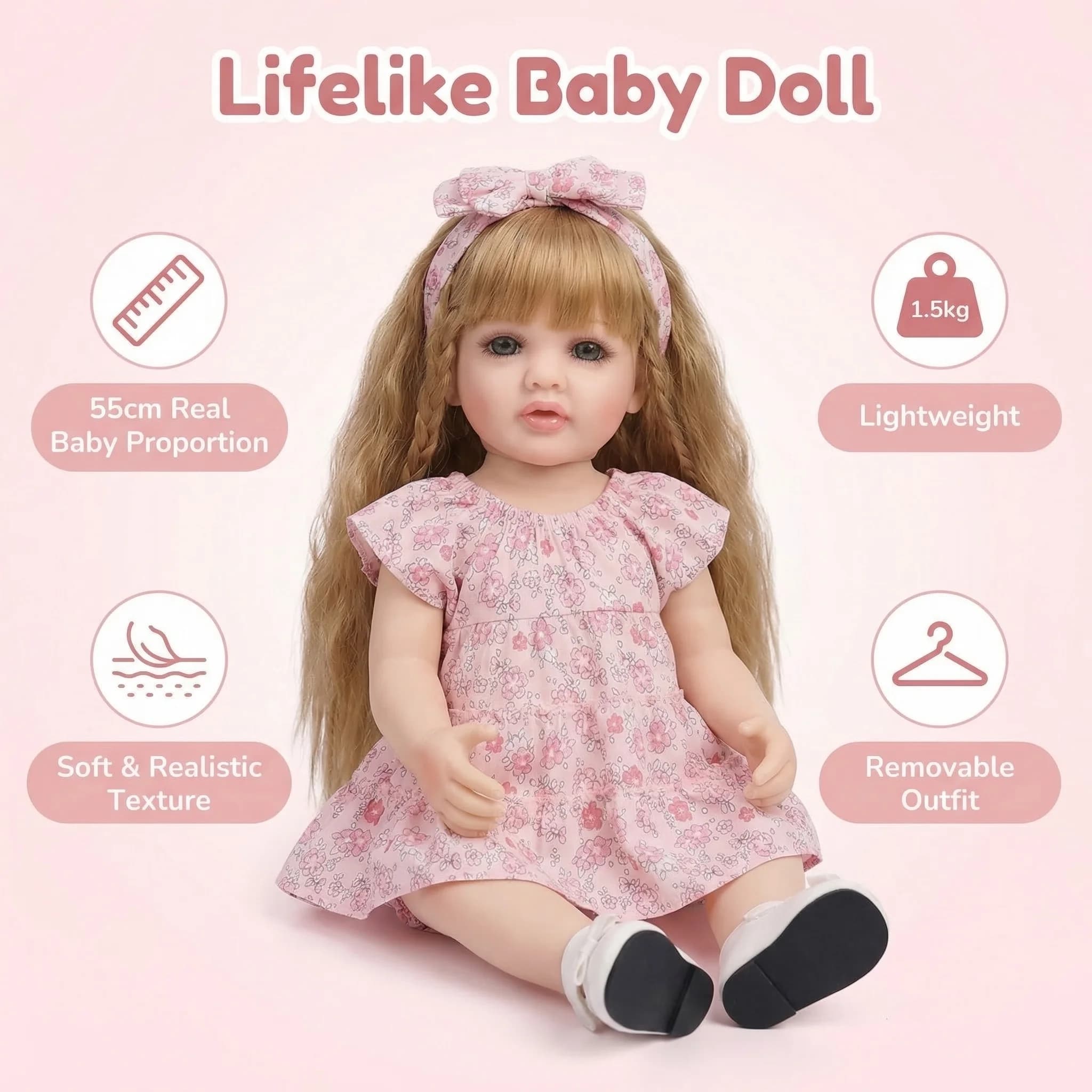 Bambola Reborn NPK Betty da 22 Pollici in Vinile Morbido, Realistica con Pelle 3D e Vene Visibili, Capelli Ricci Castano Chiaro, Bambola a Corpo Intero per Bambini