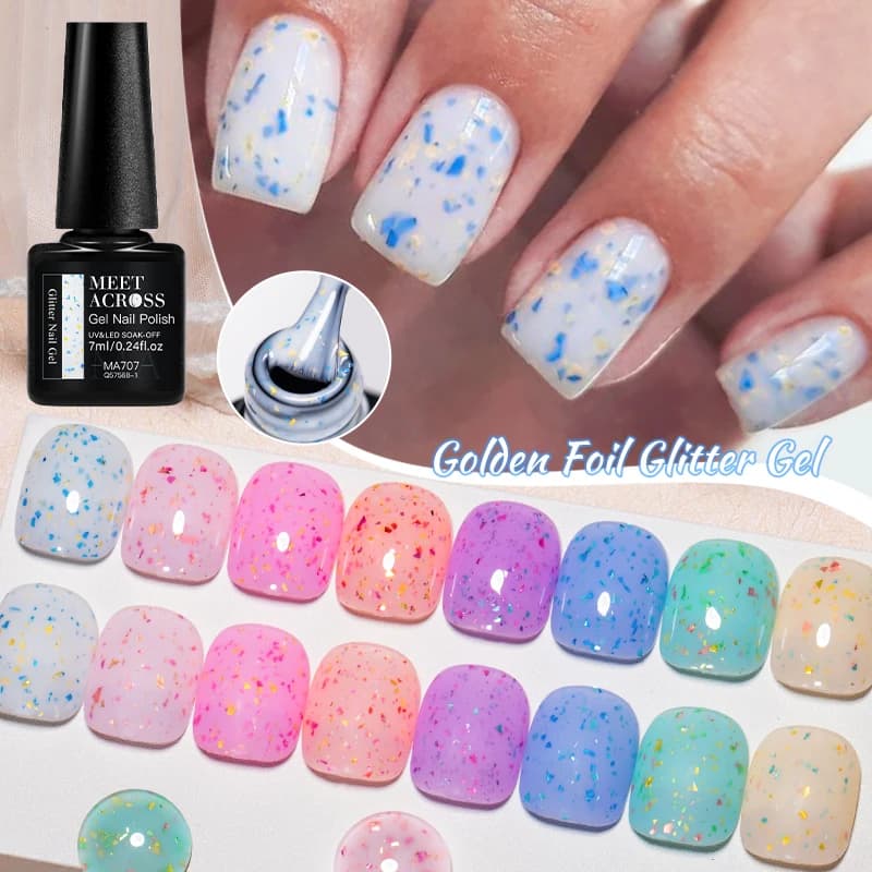 7ML MEET ACROSS Gel glitter lamina dorata Camaleonte Oro rosa Fiocchi Vernice Soak Off Semi Permanente UV LED Gel Smalto Art Varnish