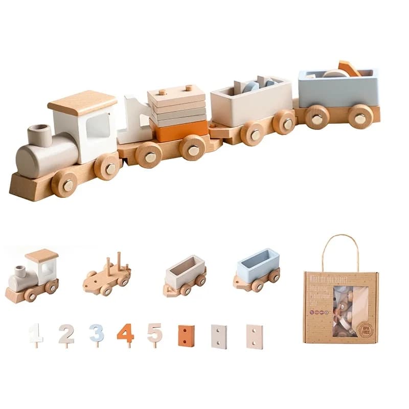 Giocattoli Montessori in legno per bambini Treno di compleanno Giocattoli educativi Carrello in legno Giocattoli per l'apprendimento del bambino Numero di legno Regalo di nascita del bambino