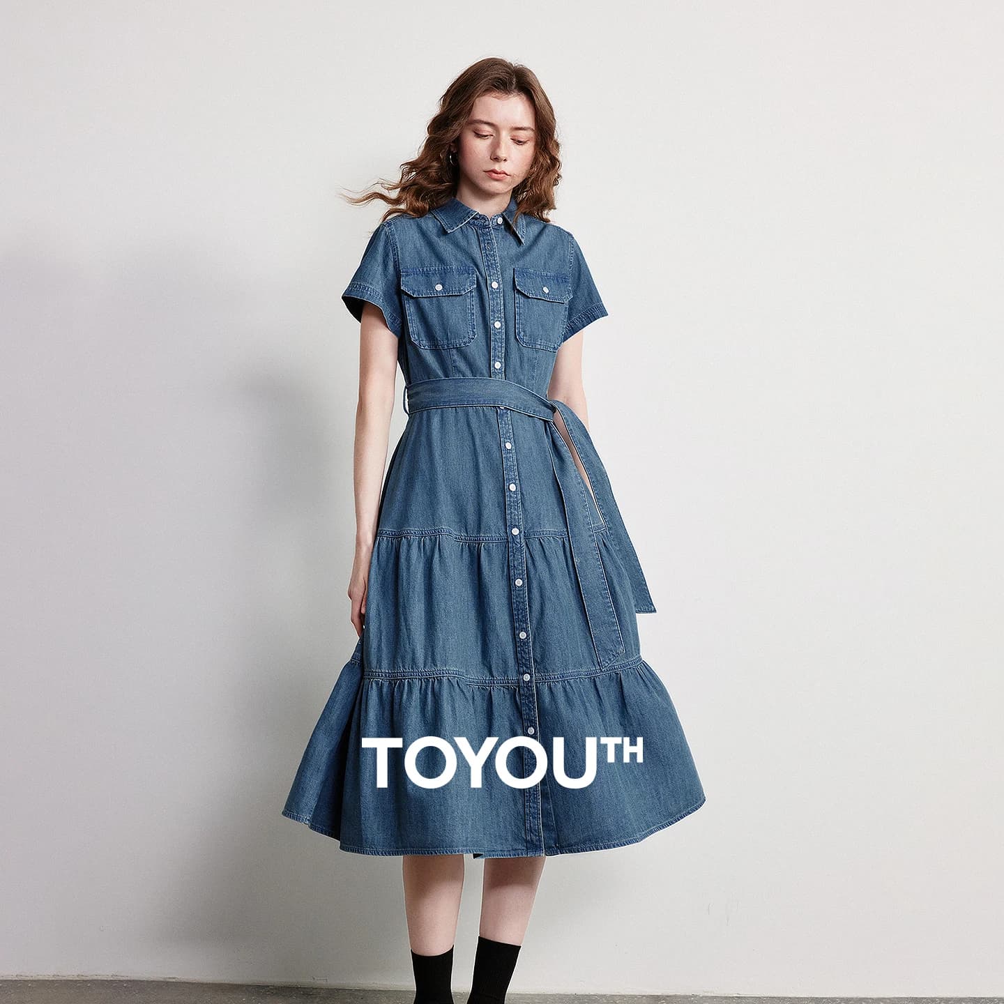 TOYOUTH Women 100% Cotton Denim Dress 2026 Spring New Waist-Defining Retro Hong Kong Style Utility Midi Shirt Dress