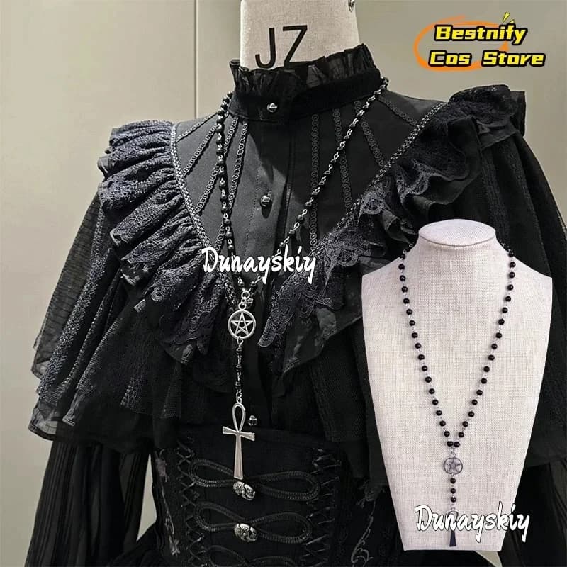 Collana Rosario Ankh e Pentagramma ABC123Cosplay, Accessorio Cosplay per Abito Lolita, Gioiello con Perline Nere e Ciondolo per Donna, Regalo COS3'd,5;h.9/