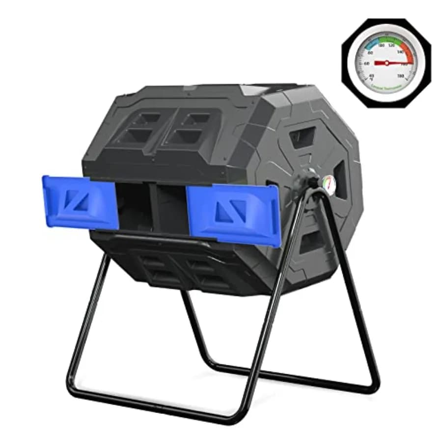 Large Compost Tumbler Bin - Outdoor Garden Rotating with Thermometer -Automatic Temperature Measurement-Sturdy Steel Frame - 43