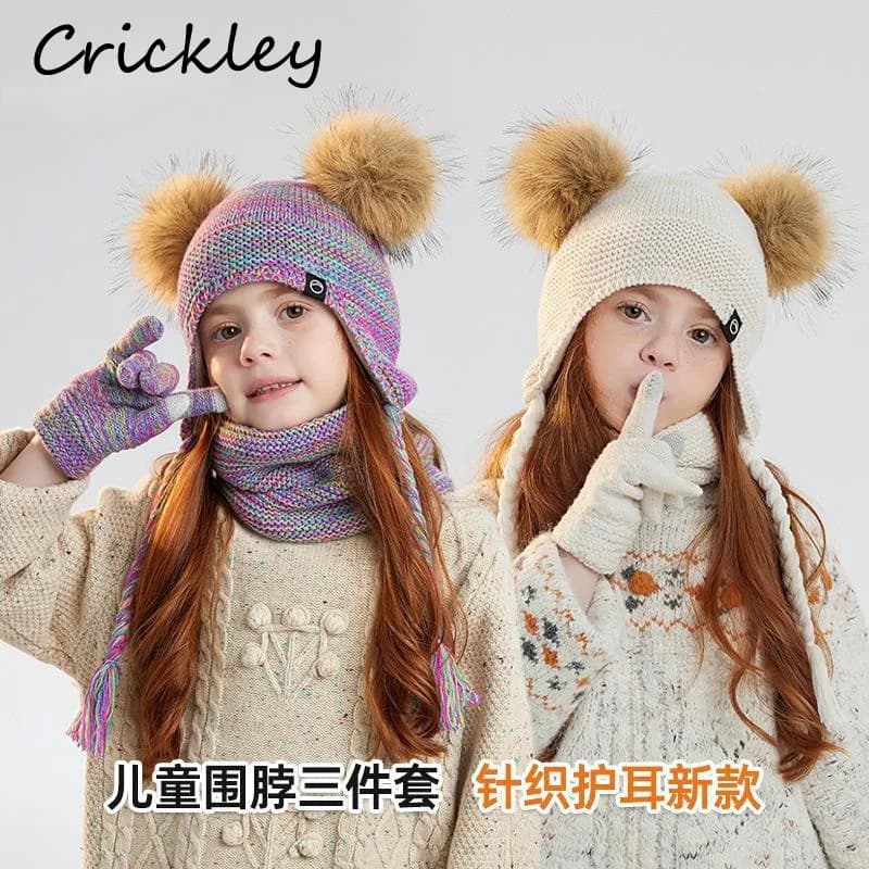 Winter Pom Pom Children Hats Set Knitted Windproof Girls Boys Caps Gloves Scarf Fleece Warm Outdoor Kids Hats Mittens