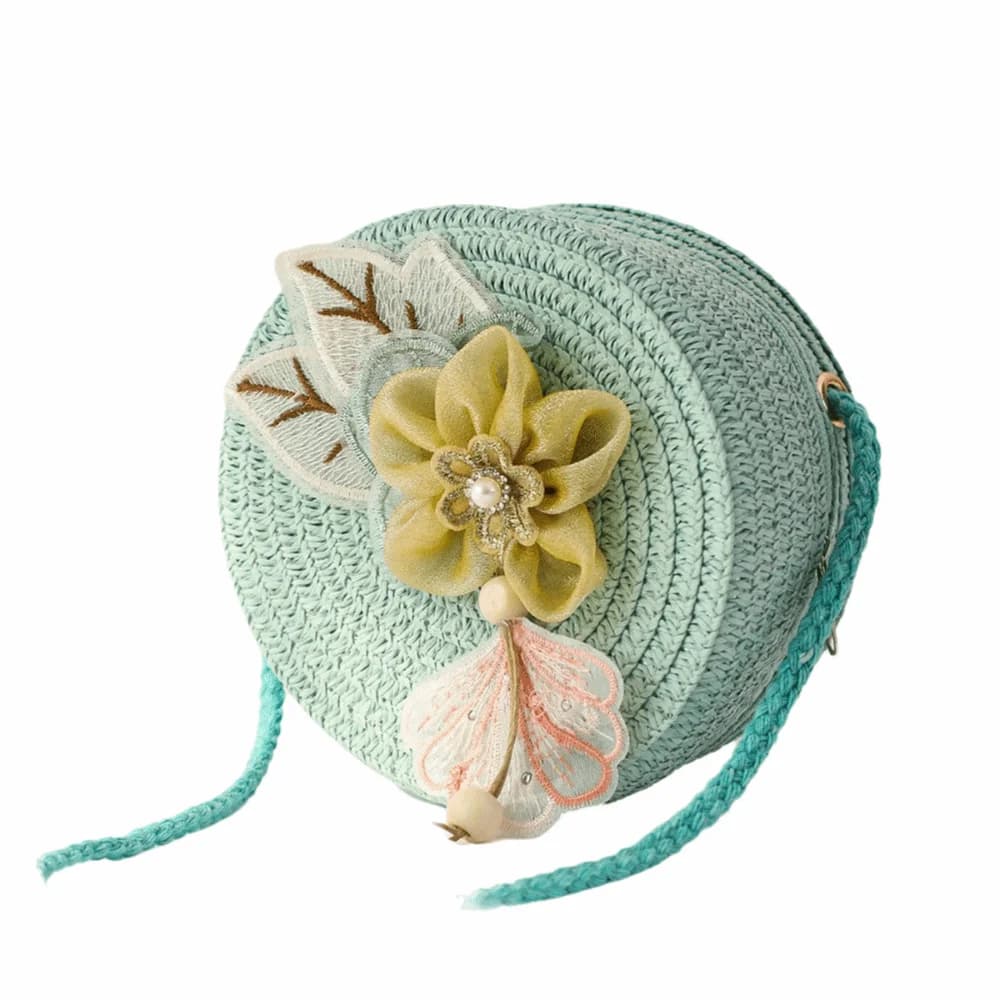 Borsa a Tracolla Rotonda in Paglia con Design Floreale, Borsa da Principessa Intrecciata a Mano, Stile Messenger per l'Estate e la Spiaggia