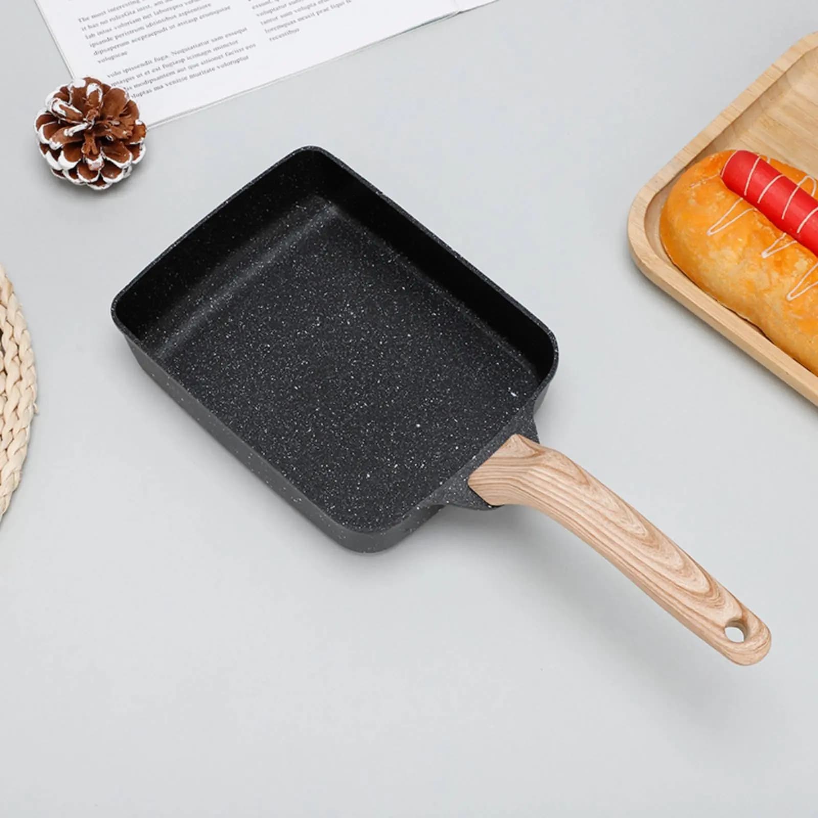 Padella per Tamagoyaki Antiaderente in Pietra Maifan, Padella per Omelette Giapponese con Distribuzione Uniforme del Calore, Manico Effetto Legno