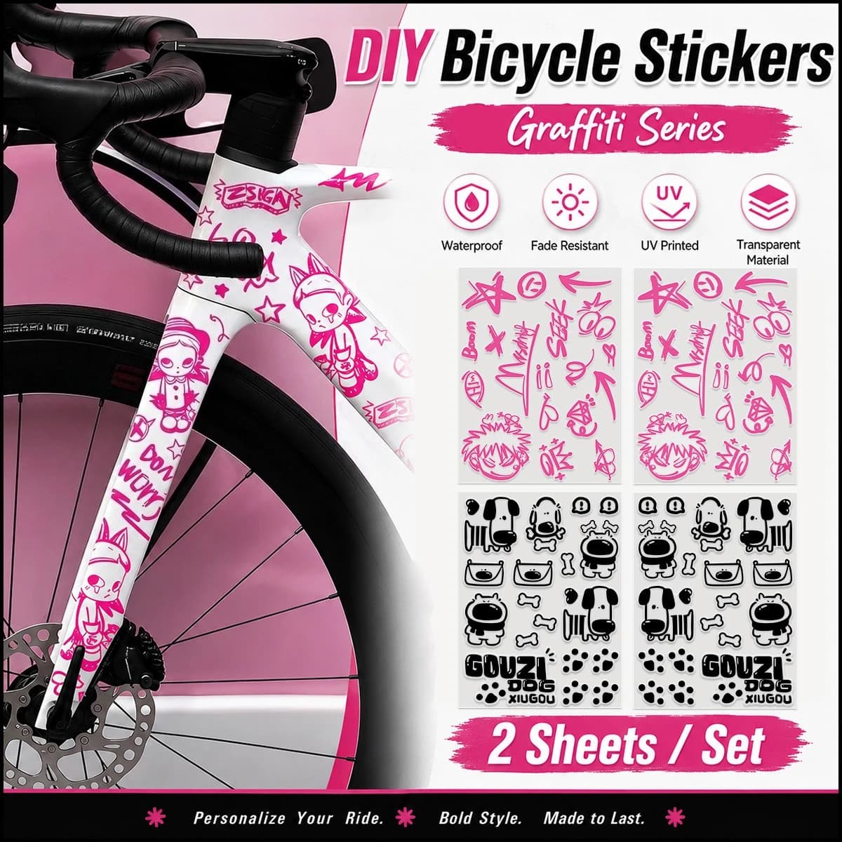 2 PCS New Bicycle Stickers for Bicycle Frame Top Tube Graffiti DIY Reflective Waterproof Cycling Decal Road Bikes Frame Sticker