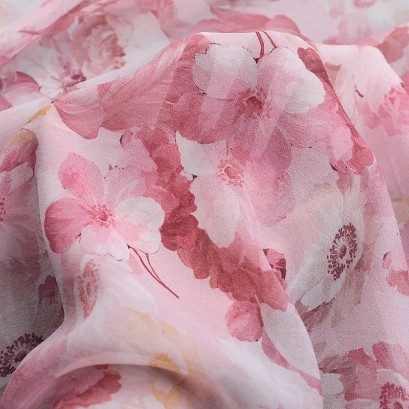 140CM Wide 11MM Floral Printed Sweet Pink Silk Georgette Fabric for DIY Sewing Thin Dress Pants Pajamas Cheongsam Odai R5048