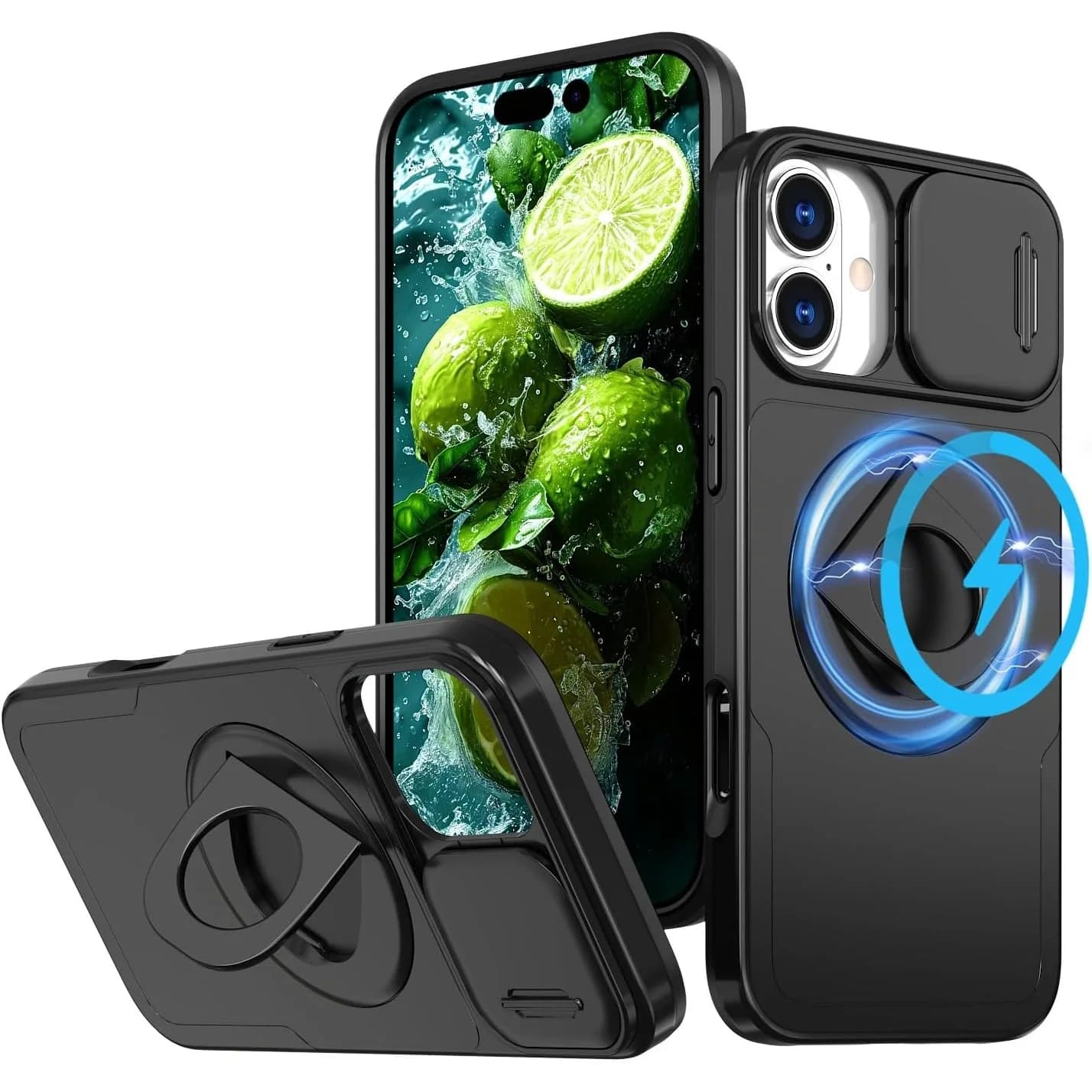 Phone case: Suitable for iPhone 17, 16, 15, 14, 13 Pro Max series models. Equipped with a sliding lens protection cover and an internal invisible 360° rotating stand. Double-layer shockproof and anti-drop protection phone case.