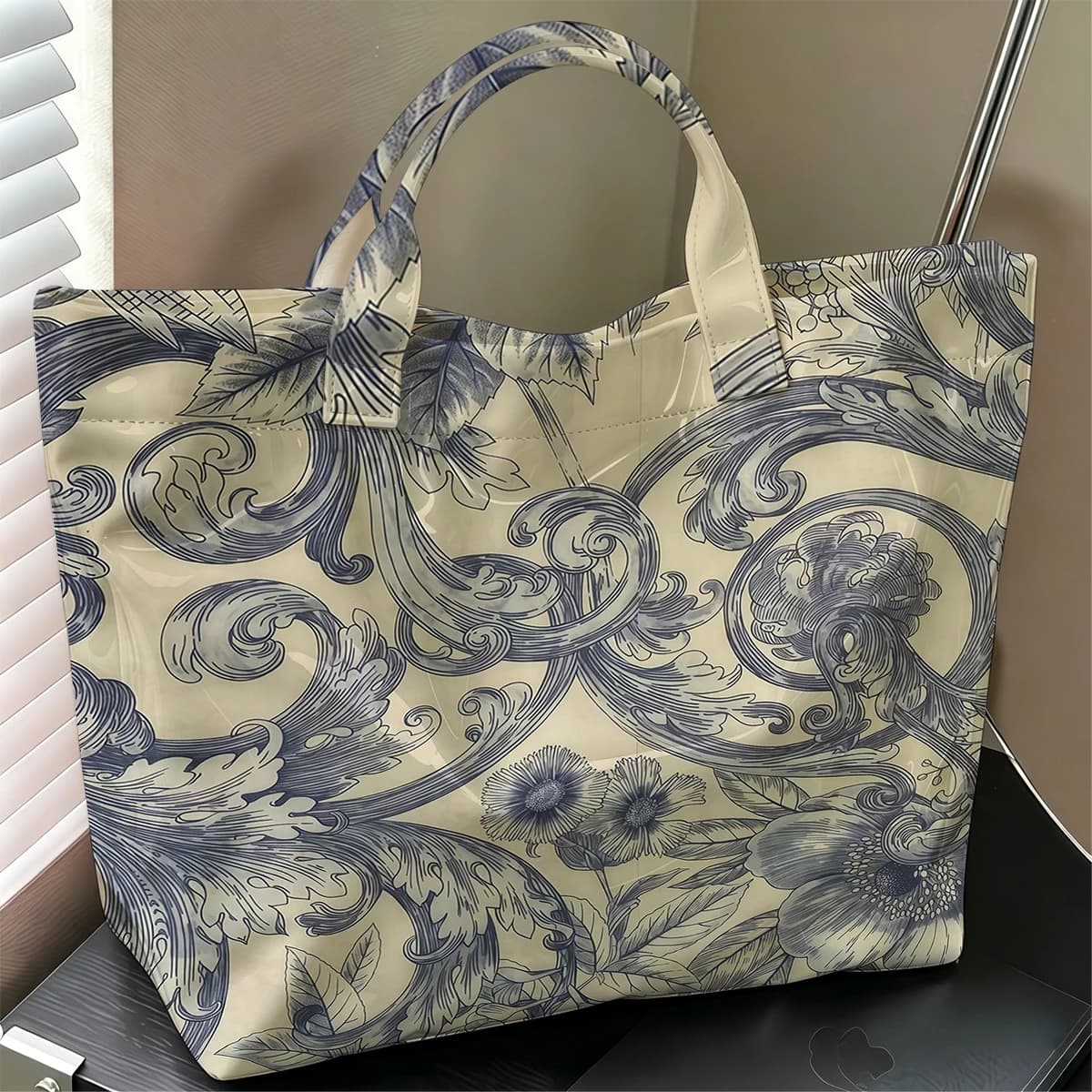 Indigo Toile de Jouy Stylish Large Glossy PVC Tote Bag Washable Waterproof Durable Ideal for Travel Commute Cosmetics Handbags