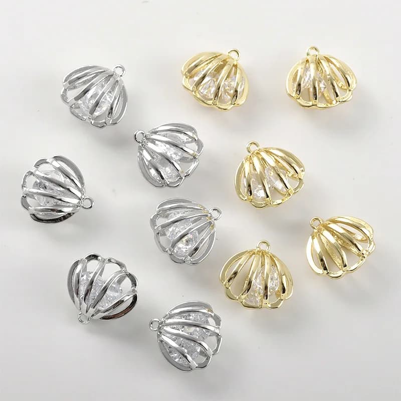 Ciondolo Tridimensionale in Zircone con Conchiglia Cava Placcata in Oro 14k, Accessori Fai-da-Te per Orecchini, Bracciali e Collane